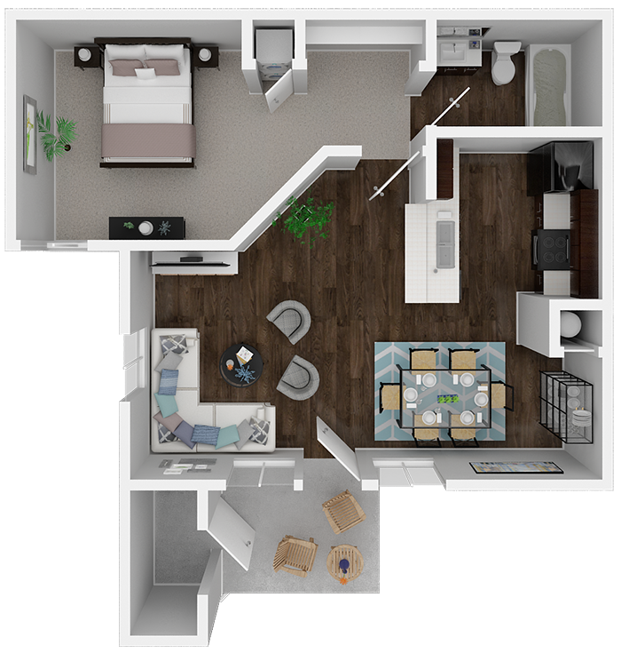 Floor plan for 1 bed, 1 bath, 597 sqft